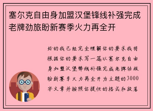 塞尔克自由身加盟汉堡锋线补强完成老牌劲旅盼新赛季火力再全开