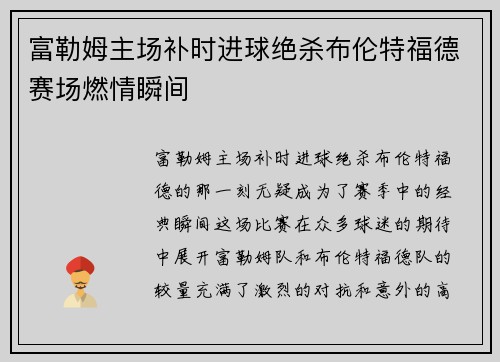 富勒姆主场补时进球绝杀布伦特福德赛场燃情瞬间