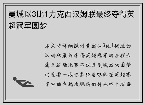曼城以3比1力克西汉姆联最终夺得英超冠军圆梦