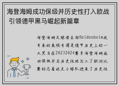 海登海姆成功保级并历史性打入欧战 引领德甲黑马崛起新篇章